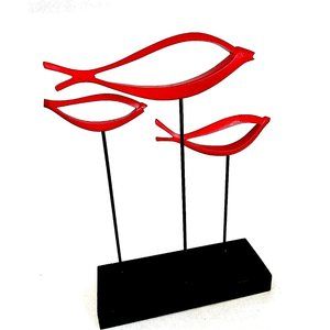 MCM Mid Century Modern Art Wood Fish Statue on Base Red Black 17.5" x 13.5" VTG